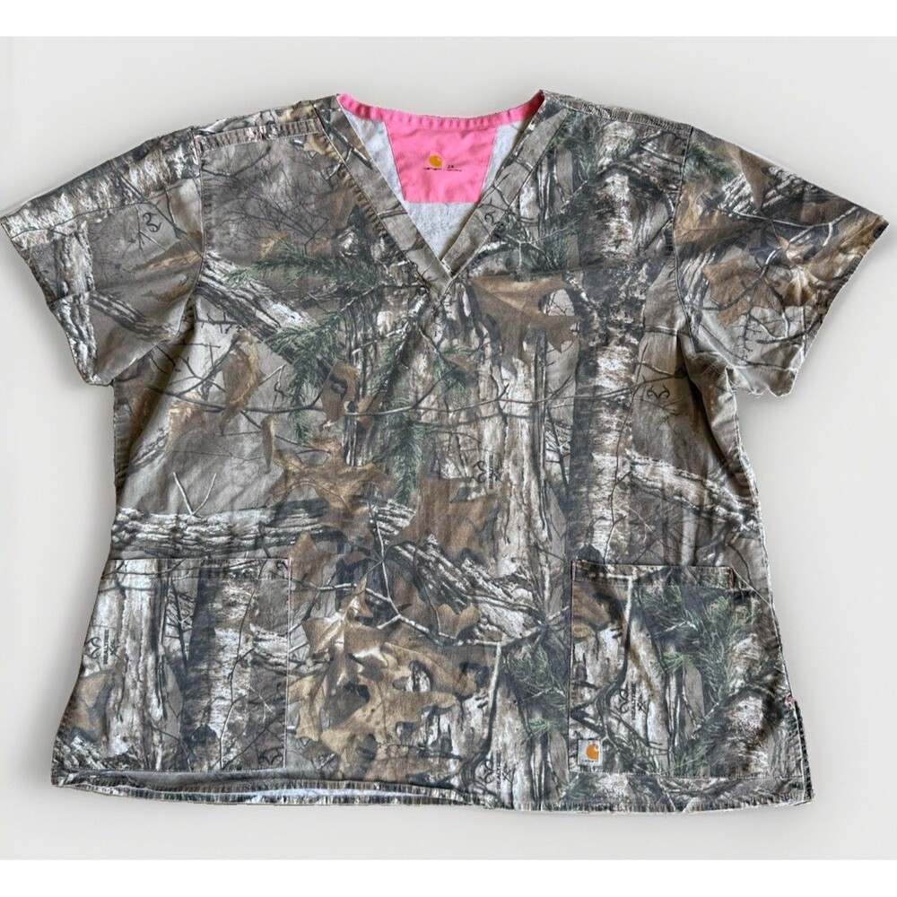 Carhartt Womens 2X Realtree Xtra Camo Scrub Top Pink V Neck Hunting Work